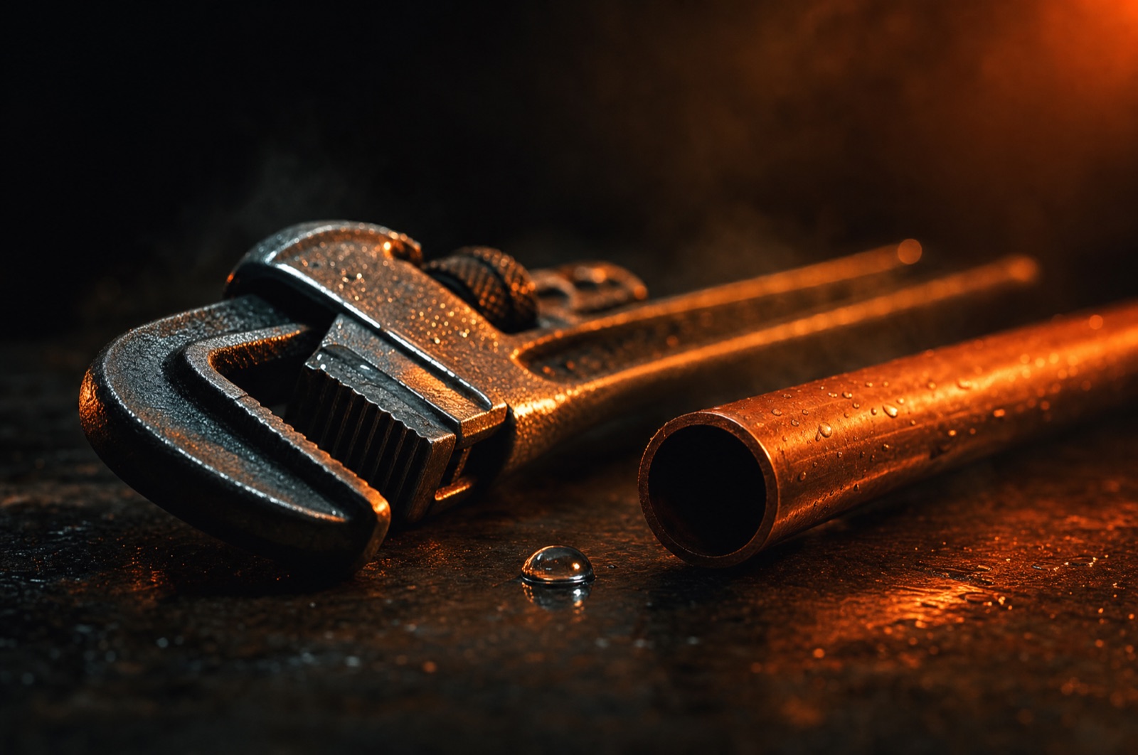 A plumber's pipe wrench and copper pipe